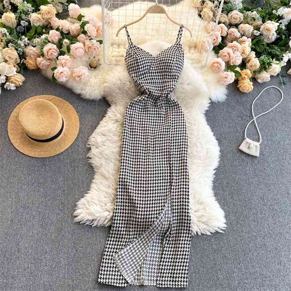 Vintage Houndstooth Plaid Summer Dress Mujeres de cintura alta Split Sexy Bodycon Vestidos largos con cuello en V sin mangas Robe Femme 210514