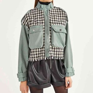 Vintage Houndstooth Spliced ​​Wol Blend Jas Jas Dames Streetstyle Zakken bijgesneden jasjas Korte Winter Tops 210415