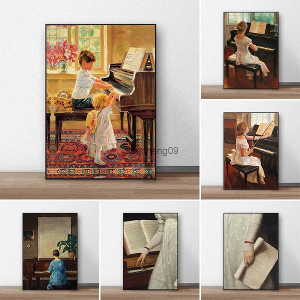 Vintage ical Wall Art Affiche Enfants Qui Jouent Du Piano Murale Moderne Décor À La Maison Toile Photos Impressions Salon Décoration L230620