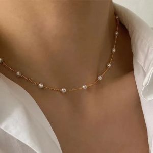 Collar de gargantilla de perlas de imitación vintage para mujeres collar de la cadena del cofre del color de color de plata de oro