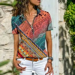 Vintage indie folk dames print t shirt casual korte mouw vneck rits zipper losse bohemian zomer tops vrouwelijke pullover 240409