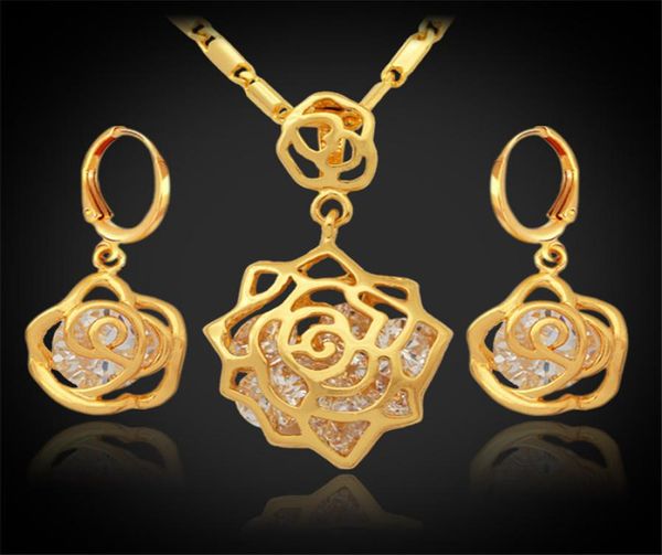 Vintage Infinity Elegant Rose cubic Zirconia Moucles d'oreilles Ensemble pendentif 18K Ensembles de bijoux de la mode réel plaquées or pour les femmes2300189