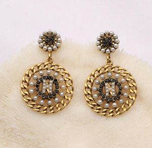 Vintage Inlay Perle Cristal Strass Boucles D'oreilles Pour Femmes Marque Designer Lettre Plaqué Or 18 Carats Géométrique Chaîne Ronde Boucle D'oreille Cadeau De Fête De Mariage Bijoux