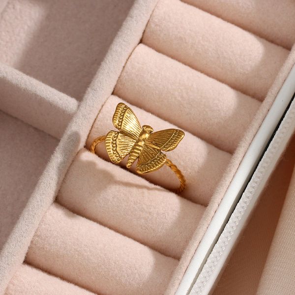 Anillos de mariposa ajustables chapados en oro de 18 quilates de acero inoxidable con diseño de insectos vintage para mujer Anillo de tamaño variable