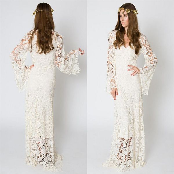 Robe de mariée bohème d'inspiration vintage BELL SLEEVE LACE Crochet Ivoire ou Blanc Hippie Robe de mariée Boho Brodé Maxi Dentelle Dre267q