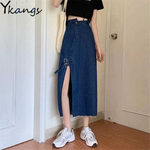 Vintage onregelmatige high taille pocket jeans rokken vrouwen zomer sexy wrap split Koreaanse sexy lange denimrok Harajuku streetwear 210619