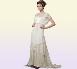 Vintage Ivory 1920s trouwjurken met mouwen Catherine Deane Lita Modest Fairy Lace Chiffon Vneck volledige lengte 2019 Bridal Gow6501258