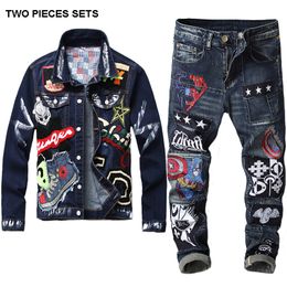 Vestes Vintage Jeans Ensembles Survêtements Homme Slim Beauty Captain Badge Couture Veste Denim + Pantalon Broderie Ensemble 2 Pièces Streetwear Ensembles pour hommes