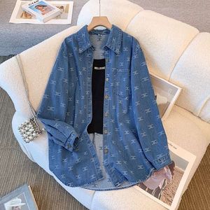 Vintage Jacquard denim shirt jas damesveer en herfst 2024 Nieuwe losse Koreaanse stijl mid-length slank jasje top