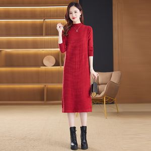 Vintage Jacquard rayé rouge robe pull à manches longues automne hiver doux chaud dame midi robes 2023 femmes concepteur o-cou mince élégant fête tricoté robes pull
