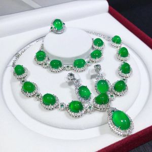 Vintage Jade Diamond Jewelry Set 925 Sterling Silver Engagement Wedding Rings oorbellen kettingarmband voor vrouwen feestjuwelen