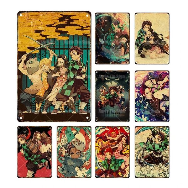 Vintage Japanese Anime art pintura Demon Slayer Cartel de chapa Retro metal Poster Prints Home Room Bar Pintura de pared Matel Placas decoración personalizada Tamaño 30X20CM w02