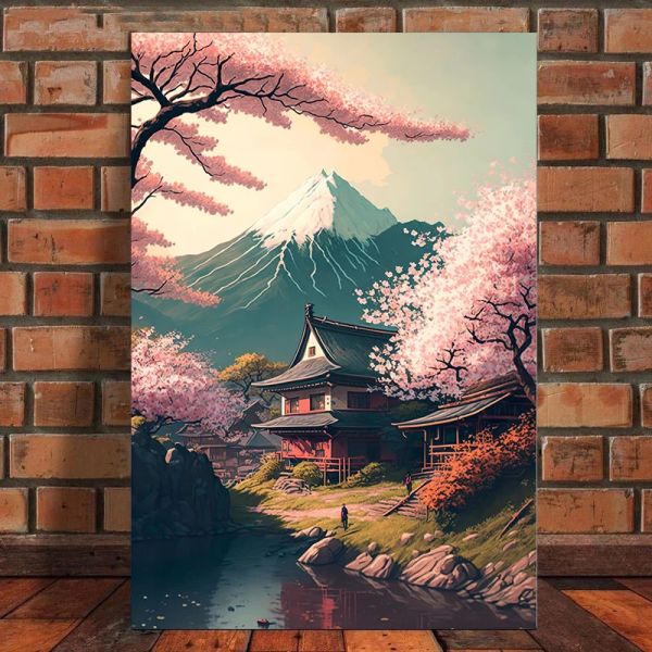 Pueblo japonés japonés vintage Fuji Mountain Blossom Carteles de paisajes de paisaje Pintura Arte de pared estética para la habitación Decoración del hogar