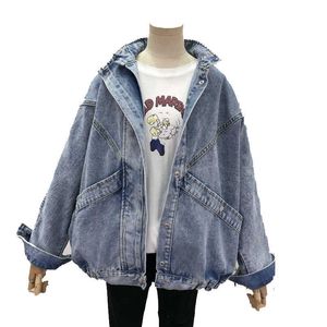 Vintage jeans jas losse vleermuis mouwen herfst streetwear harajuku denim jassen plus size vrouwen basic jas 210531