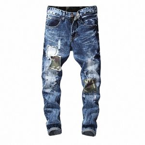 Vintage Jeans Hommes avec des patchs Ripped Denim Jeans pour hommes droite Distred Slim Homme Jean Pantalon Masculina Big Taille 40 42 x4PS #