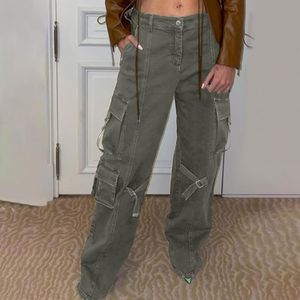 Jeans Vintage adolescente grande taille Jeans pour femmes Denim sac d'école conception poche Cargo pantalon taille haute solide décontracté