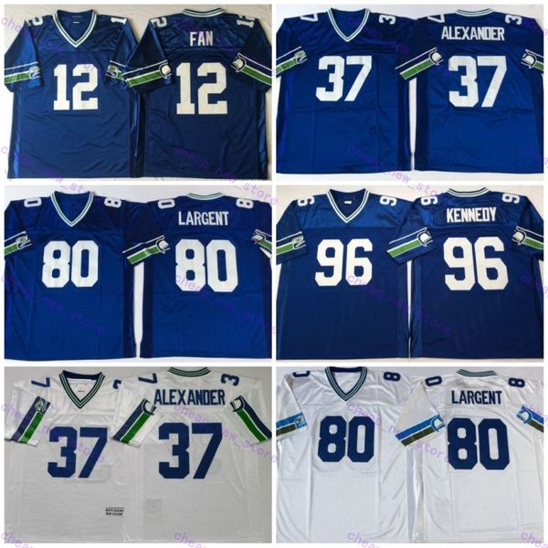 Maillot Vintage 80 Steve Largent 12 12ème Fan 96 Cortez Kennedy Maillots de Football Chemises Cousues Broderie Hommes Bleu Blanc