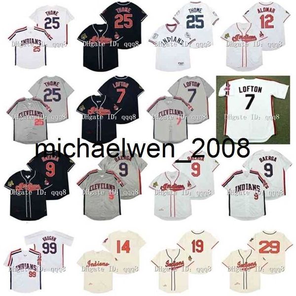 Maillot vintage 9 Ricky Vaughn 7 Kenny Lofton 12 Roberto Alomar 14 Larry Doby 19 Bob Feller 25 Jim Thome 9 Carlos Baerga 29 Satchel