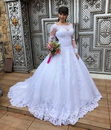 Vintage Juweel hals Kant Trouwjurken Volledige Applicaties Illusie Lange Mouw Sweep Trein Tule Bruidsjurk Vestido de Novia