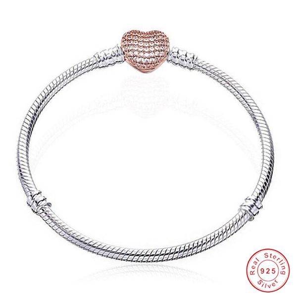 Joyería de la vendimia 925 pulsera de los encantos del corazón de la plata esterlina con la caja Fit Pando European Beads Jewelry Bangle Rose Gold Bracelet para las mujeres regalo