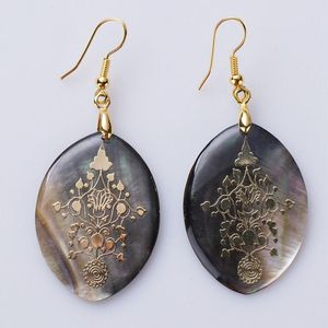 Bijoux Vintage Womens Charm Hook Earring Natural Black Shell with Gold Foil Floral Pattern 5 Pairs
