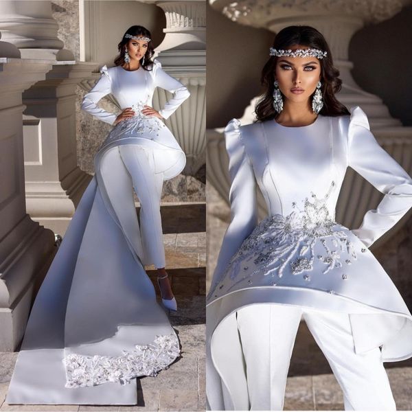 Combinaison Vintage robes de mariée bijoux Appliques robes de mariée en cristal sur mesure pantalons costumes bouffants manches longues robe de novia