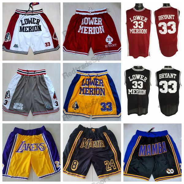 Vintage Just Bryant Don Black Mamba Basketball Shorts 24/8 # 33 Lower Merion High School Pantalon de sport Pocket Retro Noir Rouge Jaune Mens Zipper Short Stitched S-XXL