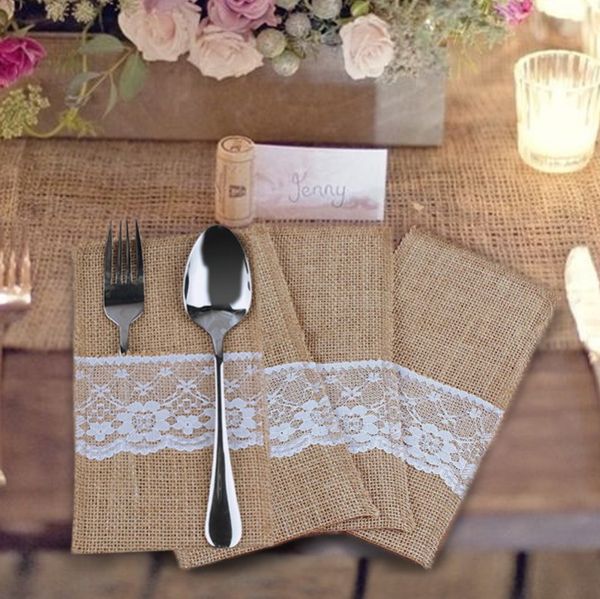Decoración de mesa de boda, bolsa de vajilla de encaje de yute Vintage, tenedor y cuchillo, soporte de arpillera, bolsillo para cubiertos