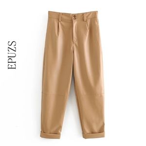 Vintage Khaki PU lederen broek vrouwen losse broek casual office hoge taille Koreaans 210521