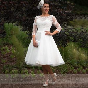 Vintage genou longueur courte robe de mariée trois quarts manches sur mesure dentelle Appliques courte robe de mariée vestido de noiva 2020