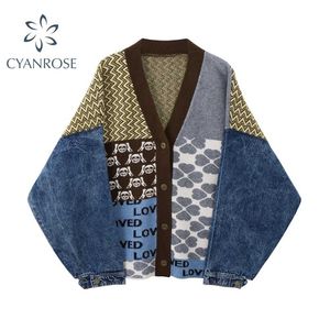 Vintage gebreide vest trui vrouwen patchwork denim jas v-hals lange mouwen knitwear casual losse uitloper vrouwelijke tops 211011