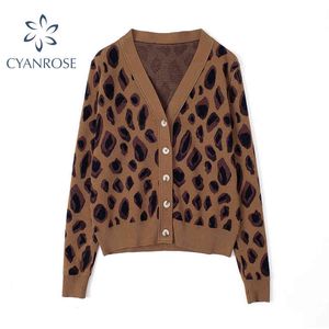 Vintage tricoté Cardigan femmes pull imprimé léopard col en v boutons court Cardigan à manches longues décontracté femme dames vêtements d'extérieur 210417