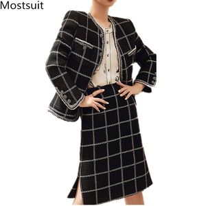 Vintage gebreide plaid twee stuk sets vrouwen lente herfst vest + potlood rok pakken kantoor elegante dames klassieke outfit 210513