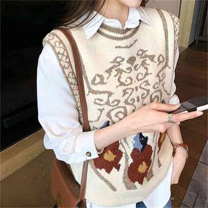Vintage tricoté pull gilet femmes sans manches o-cou pull coréen élégant mode femme pulls femme 210513