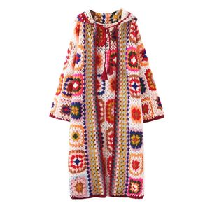 Livraison gratuite Vintage tricot long mi-mollet manteau femmes fait à la main style chinois vêtements d'extérieur à manches longues patchwork robes à capuche 201030