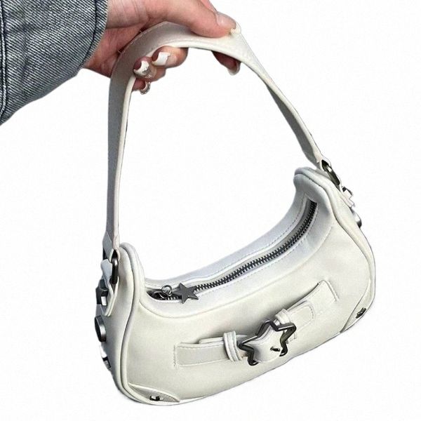 Vintage coréen Casual mignon étoile blanche épaule sous les bras sac fourre-tout dames sacs à bandoulière en cuir Zip sacs à main sacs à main femmes E2fh #