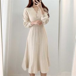 Vintage Koreaanse geplooide jurk met lange mouwen, slanke damestrui en gebreide elegante midi-feestherfst 220210