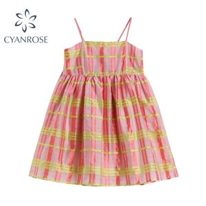 Vintage Koreaanse spaghetti riem jurk vrouwen zomer mode roze plaid mouwloze backless hoge taille vrouwelijke jurken 210515