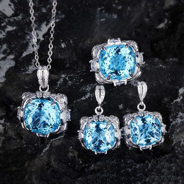 Vintage Lab Aquamarine Diamond Jewelry set 925 Sterling Silver Engagement Wedding Rings Boucles d'oreilles Collier Pour Femmes Promesse Cadeau