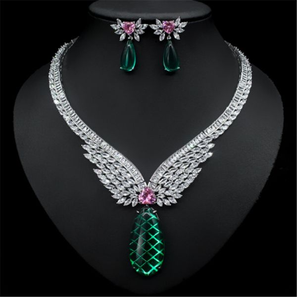 Vintage Lab Emerald Diamond Jewelry Set 14k Boucles de mariage en or blanc 14 carke