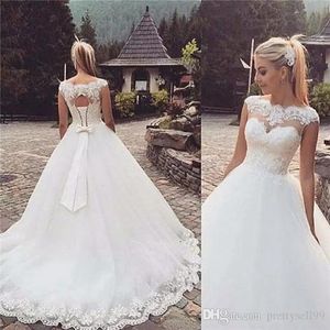 vintage lace a line wedding dresses beaded chapel train sheer neckline corset back wedding bridal gowns lace up