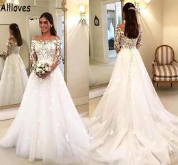 Vintage dentelle Appliques une ligne robes de mariée avec illusion manches longues col transparent Boho pays robes de mariée Tulle grande taille arabe Aso Ebi robes De Novia CL1011