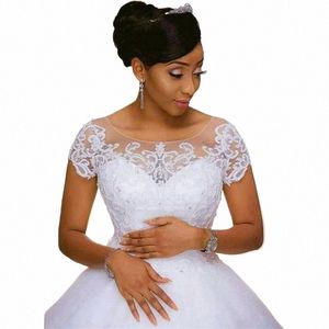 Vintage Kant Applicaties Afrikaanse Kralen Bruiloft Dres Korte Mouwen Vestido De Noiva Robe De Mariee Bruid Dres Bruidsjurken h6UY #