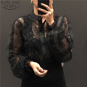 Vintage kant blouses stand kraag tops kijken door vrouwen blouse Koreaanse kleding parel gesp losse shirt met lange mouwen 13339 210417