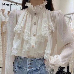 Camisas de chifón de encaje Vintage para mujer, camisa superior con botones y cuello levantado con volantes, blusa sólida de manga larga de primavera 12947 210512