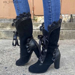 Vintage Lace Cosplay Up Winter High Shoes Autumn Heel Steampunk Women Sexy Leather Suede Boots T230829 573