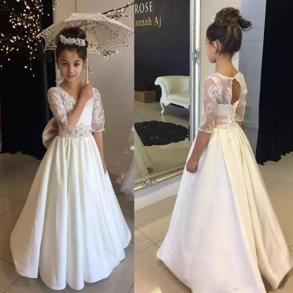 Vestido largo de encaje Vintage para niña de las flores con cuentas hasta el suelo, vestidos de primera comunión de media manga para vestidos de boda 264R