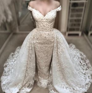 Robe de mariée sirène en dentelle vintage avec sur-jupes détachables charmantes robes de mariée à col en V à épaules dénudées robes de mariée appliques perlées