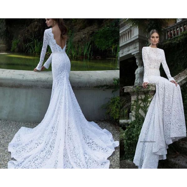 Mariage sirène vintage Mariage longue manches longues Sexy Backless Garden Chapel Train Illusion Robes pas cher Robes de mariée Simple Bateau 0510