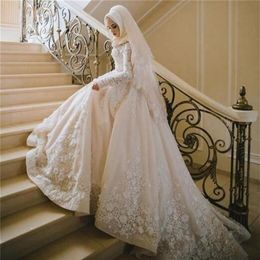 Vintage dentelle robes de mariée musulmanes manches longues, plus la taille robes de mariée avec Hijab Vestidos de novia robe de mariée de luxe244r